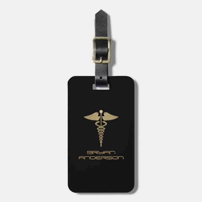 Gold Caduceus Symbol Luggage Tag (Front Vertical)