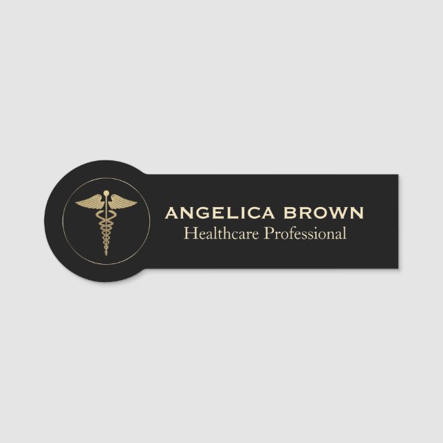 Gold Caduceus Symbol Medical Healthcare Name Tag (Front)