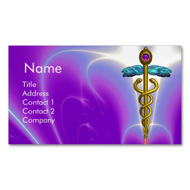 GOLD CADUCEUS SYMBOL / Purple Fuchsia Magnetic Business Card (Front)