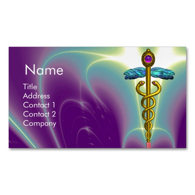 GOLD CADUCEUS SYMBOL / Purple Green Magnetic Business Card (Front)