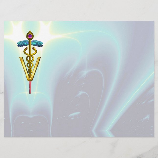 GOLD CADUCEUS VETERINARY SYMBOL, Aqua Blue (Front)