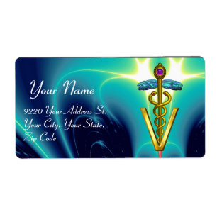 GOLD CADUCEUS VETERINARY SYMBOL, aqua blue,teal