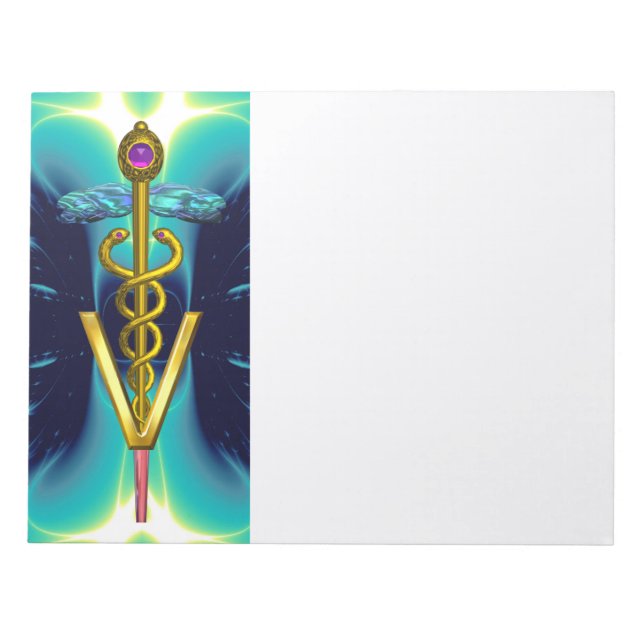 GOLD CADUCEUS VETERINARY SYMBOL, Aqua Blue,Teal Notepad (Front)