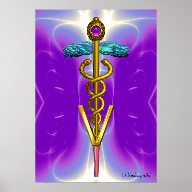 GOLD CADUCEUS VETERINARY SYMBOL Blue Purple Poster (Front)