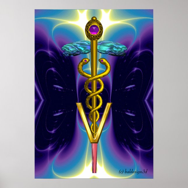 GOLD CADUCEUS VETERINARY SYMBOL Blue Purple Poster (Front)