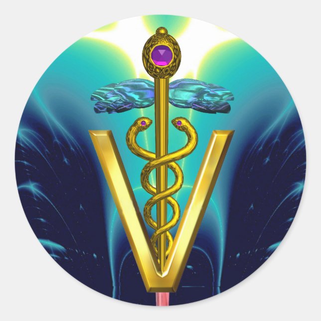 GOLD CADUCEUS VETERINARY SYMBOL Blue Teal Classic Round Sticker (Front)