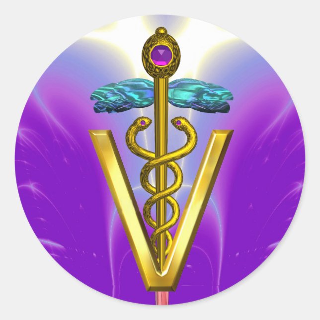 GOLD CADUCEUS VETERINARY SYMBOL Pink Purple Classic Round Sticker (Front)