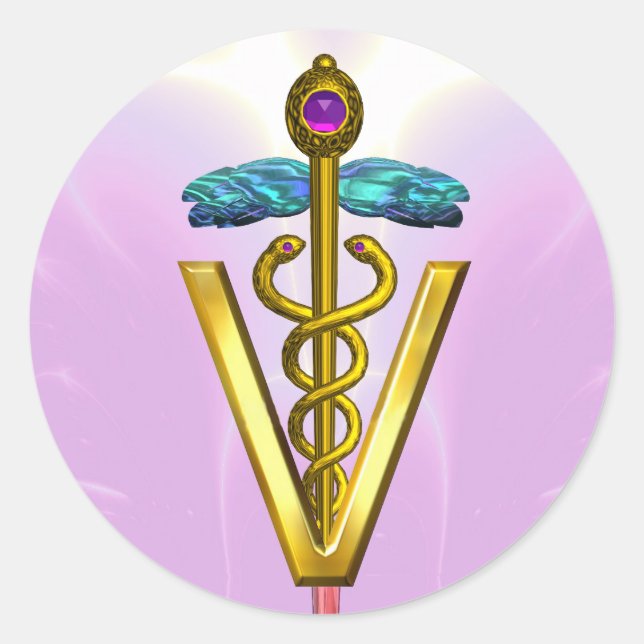 GOLD CADUCEUS VETERINARY SYMBOL Pink White Classic Round Sticker (Front)