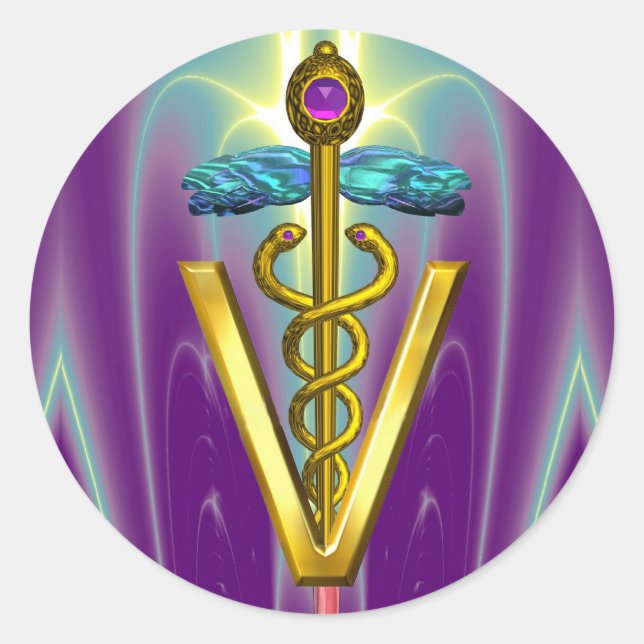 GOLD CADUCEUS VETERINARY SYMBOL Purple Green Classic Round Sticker (Front)