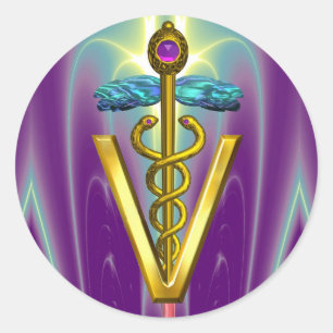 GOLD CADUCEUS VETERINARY SYMBOL Purple Green Classic Round Sticker