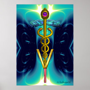 GOLD CADUCEUS VETERINARY SYMBOL Teal Aqua Blue Poster