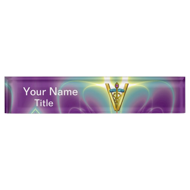 GOLD CADUCEUS VETERINARY SYMBOL Teal Green Purple Nameplate (Front)