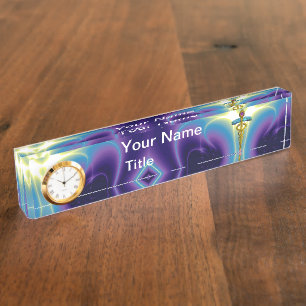 GOLD CADUCEUS , vibrant blue purple ametyst Nameplate