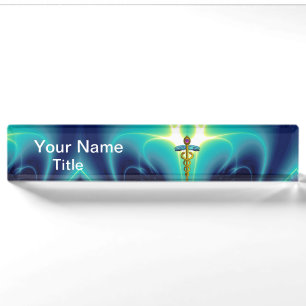 GOLD CADUCEUS , Vibrant Blue Turquoise Nameplate
