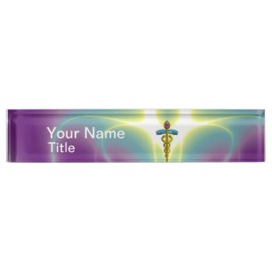 GOLD CADUCEUS , vibrant purple ametyst Nameplate