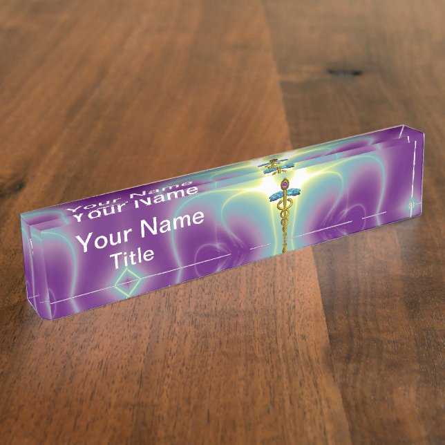 GOLD CADUCEUS , Vibrant Purple Green Nameplate (Side)