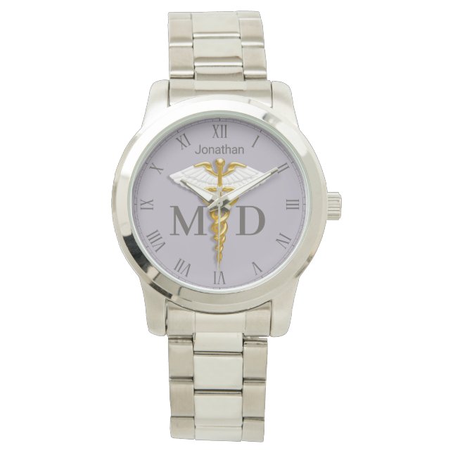Gold Caduceus White Wings Name Medical Doctor MD Watch (Front)