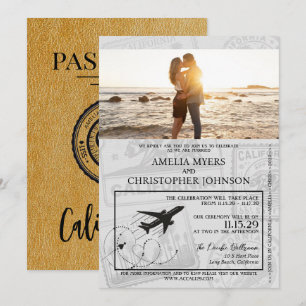 Gold California Passport Wedding Invitation