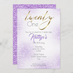 Gold Calligraphy and Chic Lilac Glitter 21st Invitation