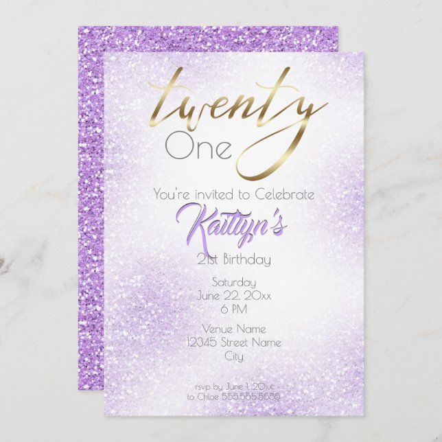 Gold Calligraphy and Chic Lilac Glitter 21st Invitation (Front/Back)