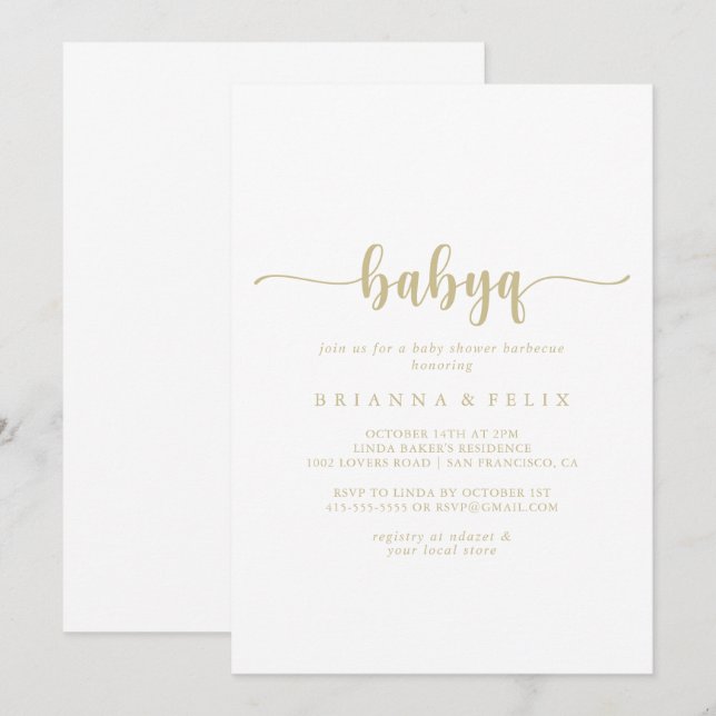 Gold Calligraphy BabyQ Baby Shower Barbecue  Invitation (Front/Back)