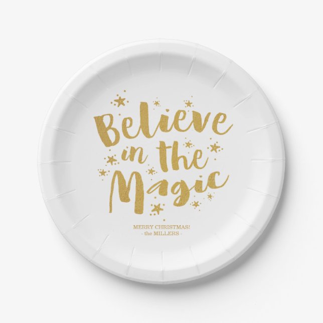 Gold Calligraphy Believe In The Magic Christmas Paper Plate (Front)
