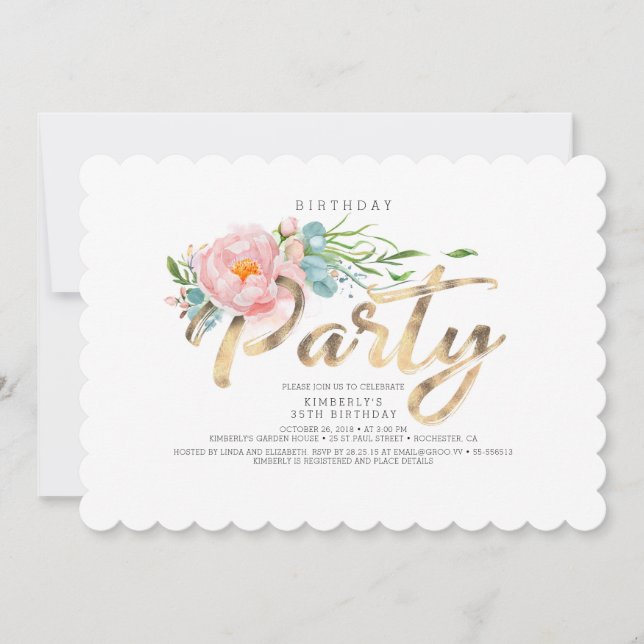 Gold Calligraphy Blush Pink Florals Birthday Invitation (Front)