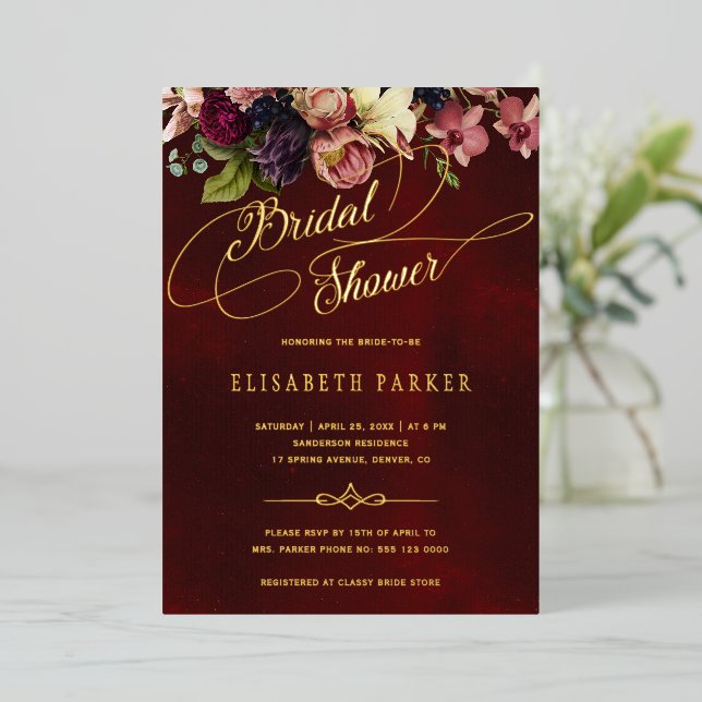 Gold calligraphy burgundy vintage bridal shower (Standing Front)