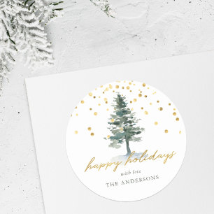 Gold Calligraphy Christmas Tree Custom Family Name Classic Round Sticker