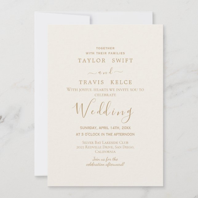 Gold Calligraphy Cream Wedding Invitation (Front)