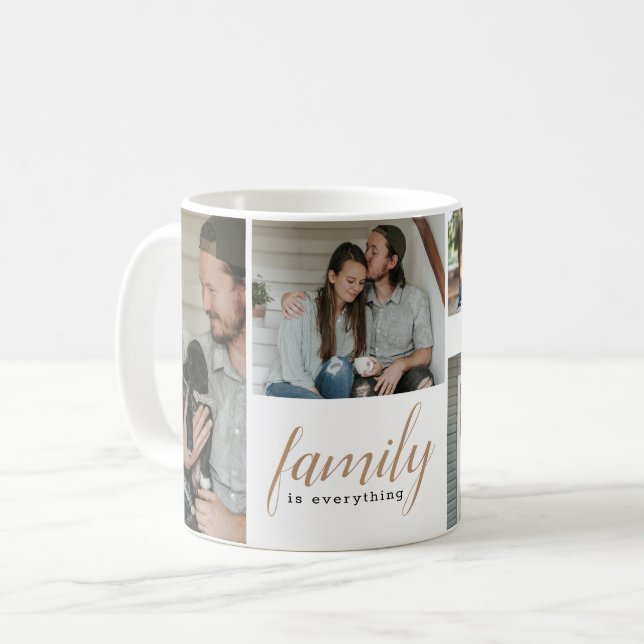 Gold Calligraphy Family Photo Collage Coffee Mug (Front Left)