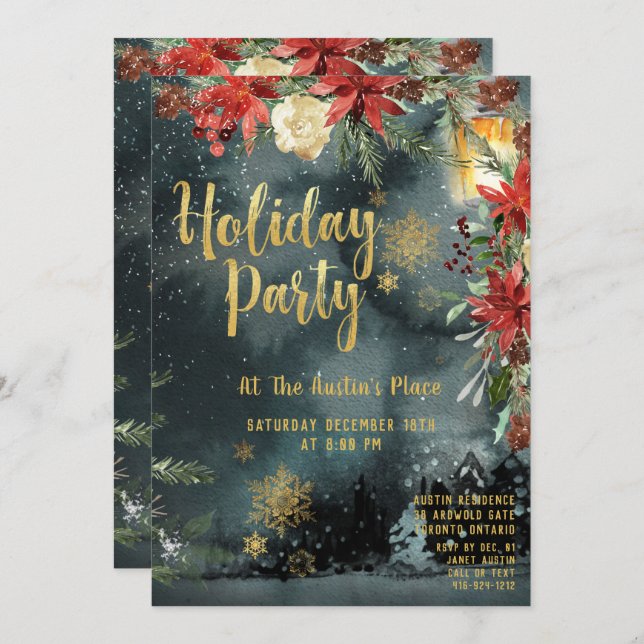 Gold Calligraphy Floral Greenery Holiday Party Invitation (Front/Back)