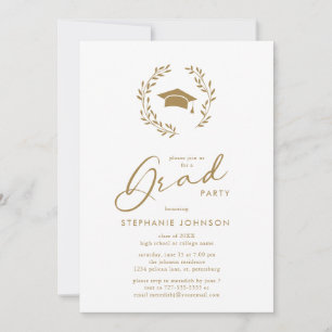 Gold Calligraphy Grad Cap Wreath Graduation Party Invitation