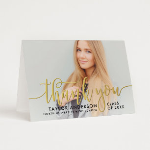 Gold Calligraphy Grad Photo Dark Text Thank You Foil Greeting Card
