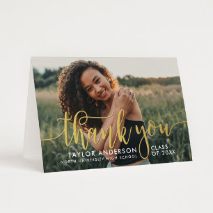 Gold Calligraphy Graduation Photo Thank You Foil Greeting Card