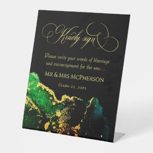 Gold Calligraphy Green Black Agate Pedestal Sign