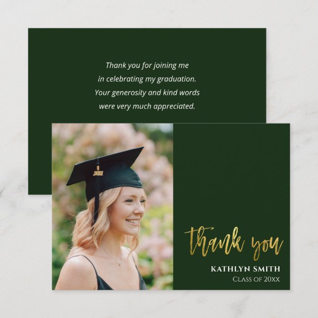 Gold Calligraphy Green Modern Photo Graduation Thank You Card (Front/Back)