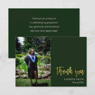 Gold Calligraphy Green Modern Photo Graduation Thank You Card