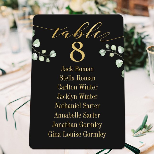 Gold Calligraphy Greenery Black Seating Chart Card (Creator Uploaded)