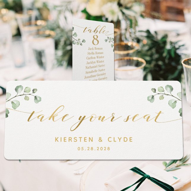 Gold Calligraphy Greenery Take Your Seat Top Card (Creator Uploaded)