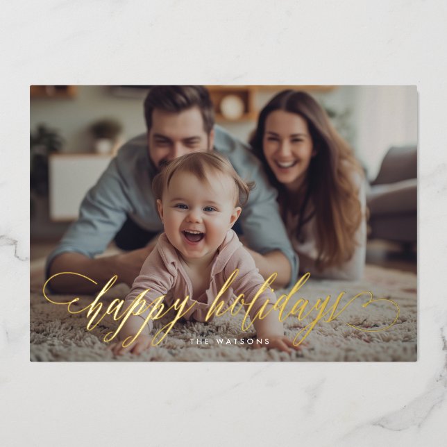 Gold Calligraphy Happy Holidays Photo Christmas Foil Holiday Card (Front)