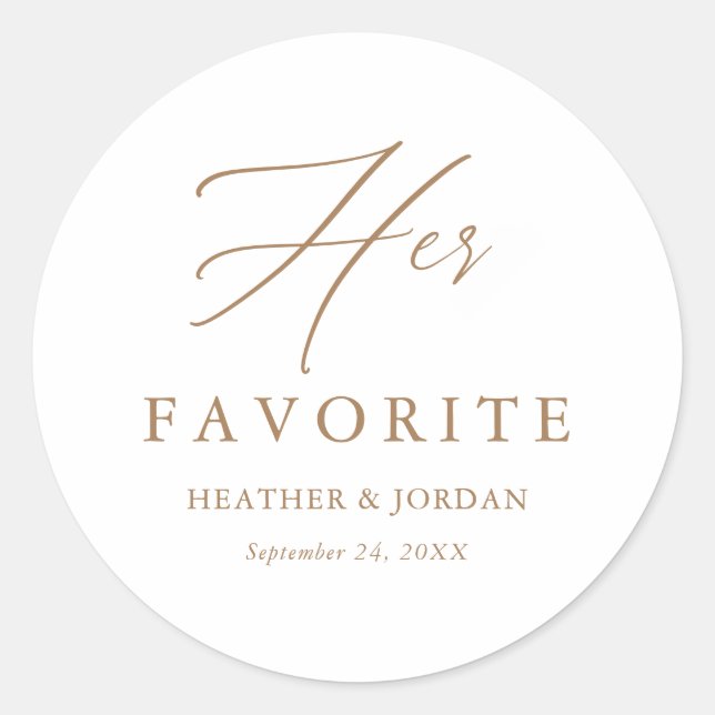 Gold Calligraphy Her Favourite Wedding Treat Box Classic Round Sticker (Front)