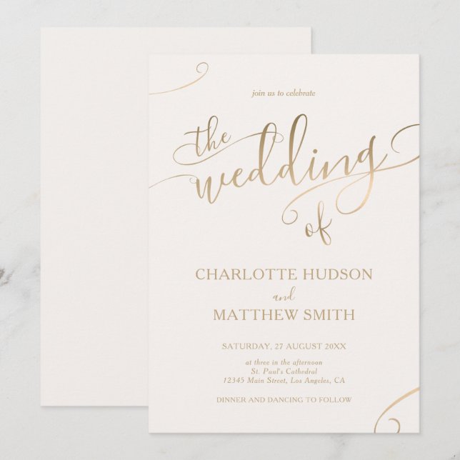 Gold Calligraphy | Ivory Wedding Invitation (Front/Back)