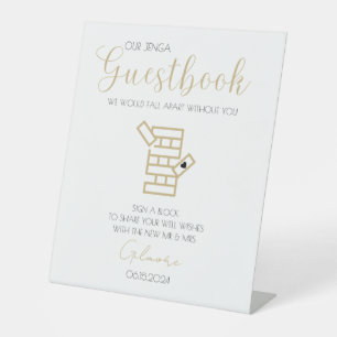 Gold Calligraphy Jenga Guestbook Wedding Sign-In Pedestal Sign