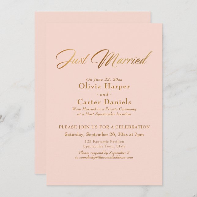 Gold Calligraphy Just Married Blush Pink Reception Invitation (Front/Back)