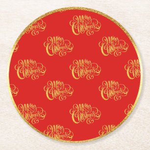 Gold Calligraphy Merry Christmas Paper Coaster