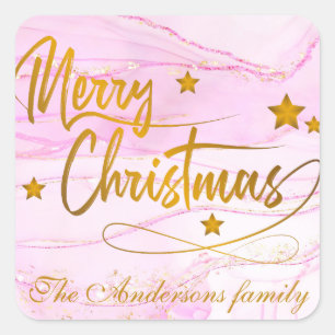 Gold Calligraphy Merry Christmas Personalised pink Square Sticker