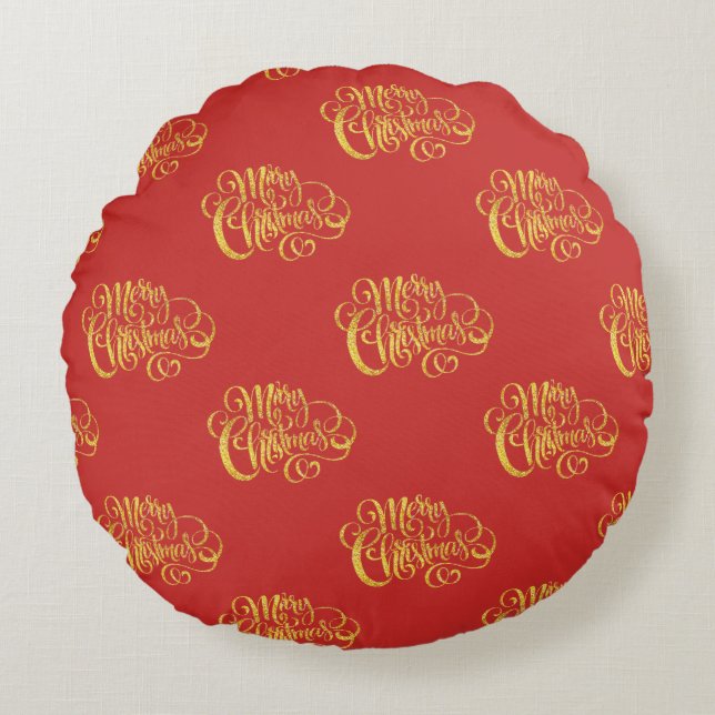 Gold Calligraphy Merry Christmas Round Pillow (Front)