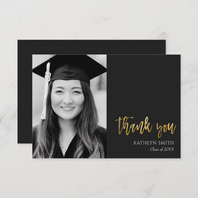 Gold Calligraphy Modern Photo Graduation Thank You Card (Front/Back)