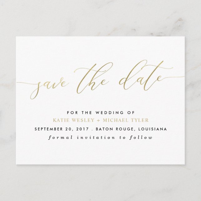 Gold Calligraphy Modern Save the Date Announcement Postcard (Front)